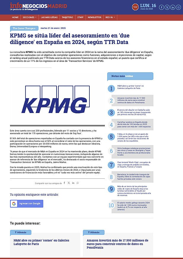 KPMG se sita lder del asesoramiento en 'due diligence' en Espaa en 2024, segn TTR Data